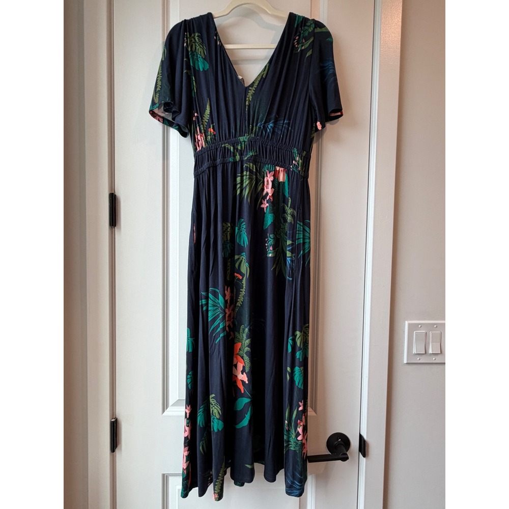 Soma Tropical Floral V-Neck Midi Dress Women Size M Navy Blue Resortwear Boho - Picture 2 of 6